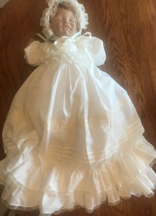 First Moments Baby Doll In Christening Gown: 5266/signed Lee Middleton 1983