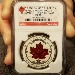 2015 Canada Maple Leaf,  5 Coin Silver Set.  Rev,  Pf. ,  Incuse,  $5 Enameled.  Ngc,  Pf.  70.