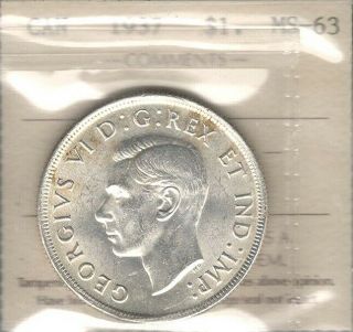 1937 Silver Dollar Iccs Ms - 63 Lustrous Bu 1st George Vi Canada $1.  00