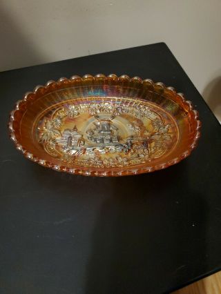 Vintage Carnival Glass - Marigold 8 1/4 " Oval Bowl With Embossed Windmill Scene