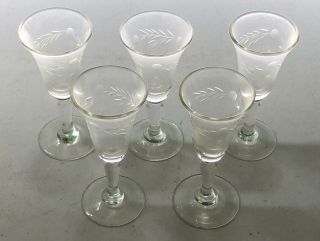 Vintage Set Of 5 Cordial Stemmed Etched Drinking Glasses 4” Tall