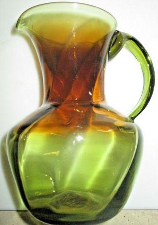 Vintage Hand Blown Glass Pitcher In Olive Amber Semi Smooth Open Pontil 7.  5 "
