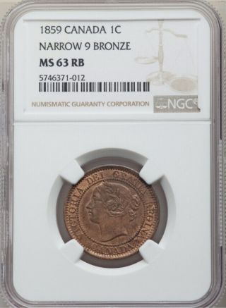 1859 Canada Bronze Large 1 Cent Victoria Narrow 9 Ngc Ms 63 Red/brown 1c