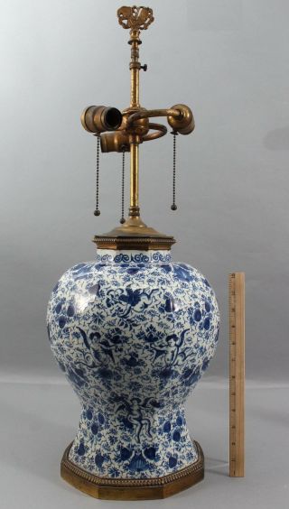 Large Antique Blue & White Hand Painted Floral Cherubs Delft Jar Table Lamp