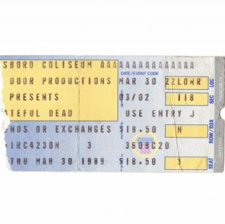 Grateful Dead Concert Ticket Stub Greensboro Nc 3/30/89 Coliseum Jerry Garcia