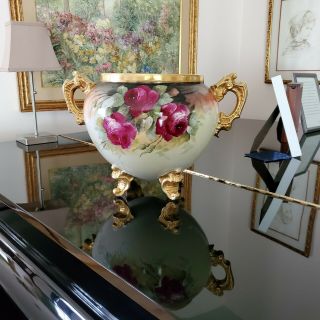 Antique B&c Limoges France Handpainted Roses & Gold Jardiniere Vase Planter