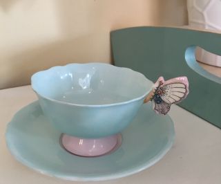 Paragon England Butterfly Handle Cup And Saucer Set Blue
