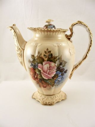 Very Rare Aynsley Cabbage Rose Coffee Pot Heavy Gold Detail Signed J.  A.  Bailey