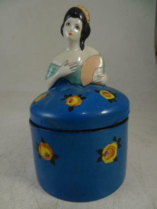 Antique Noritake Japan Covered Powder Jar Lady Half Doll Porcelain Blue Base Vtg