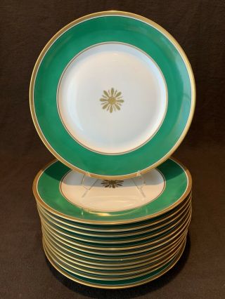 Richard Ginori Visconte Green Dinner Plates 10 3/8 " Dia Set Of 13 Gold Rim