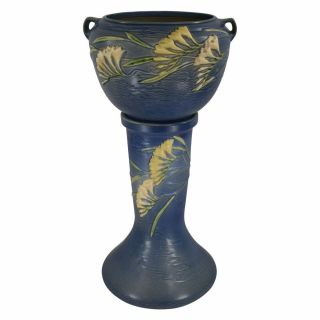 Roseville Pottery Freesia Blue Jardiniere And Pedestal 669 - 8