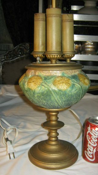 Antique Roseville Sunflower Art Deco Pottery Candle Lamp Mission Garden Brass