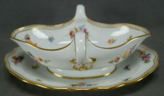 Meissen Hand Painted Floral Insects & Gold Gravy / Sauce Boat Circa 1860 - 1924