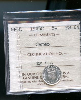 1945 Newfoundland 5 Cents Iccs Certified Ms64 Cameo Ic15