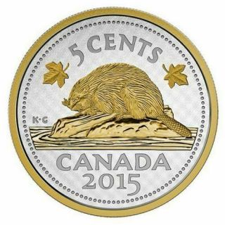 2015 Canada 5 Cents Big Coin Series: Gold Plated Beaver - 5 Oz.  Pure Silver Coin