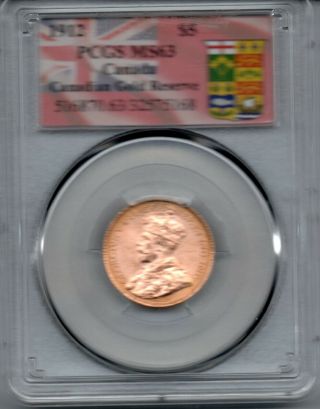 1912 Canada $5 Gold Coin Pcgs Ms 63