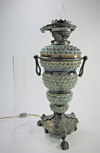 Rare & Unusual Royal Doulton Lambeth Electrified Oil Lamp Hinks Burner Ca.  1900