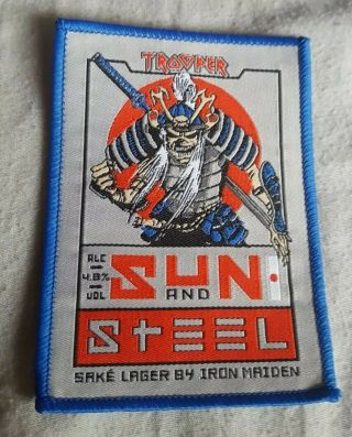 Iron Maiden Trooper Beer Sun And Steel Patch.  Bottle Label Hq Blue Border