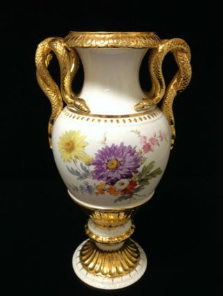 Antique 19th C Meissen Porcelain Floral & Gold Snake Handle Vase Germany