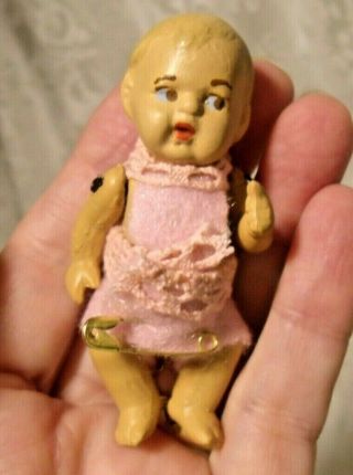 Antique 3 " Bisque Dollhouse Doll,  Germany,  Wire Joints,  Pink