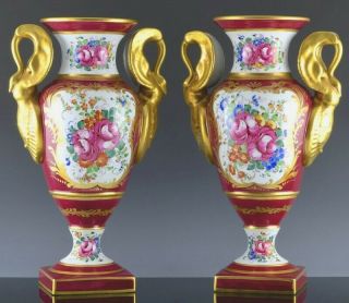 Stunnng Pair Very Large Paris France French Porcelain Swan Handle Flower Vases