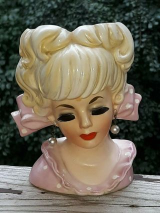 Rare Vtg Japan Lady Head Vase W/ Large Pink Polka Dot Bow Ceramic Girl Planter