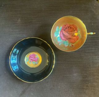 Paragon Cup & Saucer Gold Gilded And Black With Floating Rose