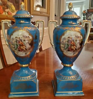 Pair Noritake Covered Vases Urns Square Base Blue Gold Sevres Style Hand Painted