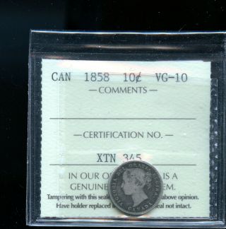 1858 Canada 10 Cents Iccs Certified Vg10 Dcb201