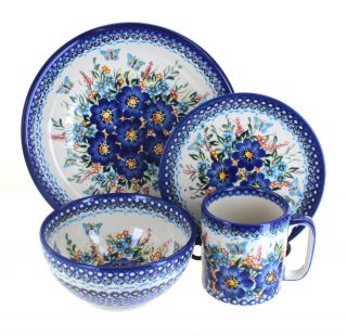 Blue Rose Polish Pottery Garden Of Blue 16pc Dinnerware Set