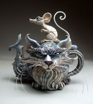 Cat And Rat Teapot Folk Art Pottery Sculpture By Face Jug Maker Mitchell Grafton