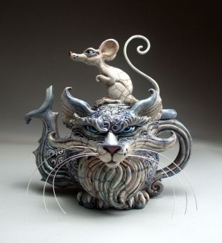 Cat and Rat Teapot folk art pottery sculpture by face jug maker Mitchell Grafton 2