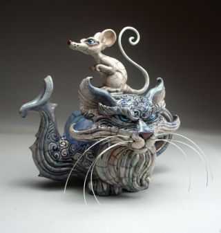 Cat and Rat Teapot folk art pottery sculpture by face jug maker Mitchell Grafton 3