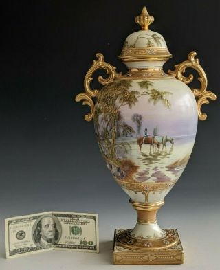 Signed Nippon Porcelain Covered Urn Horse - Equestrian Jeweled Gold Gilt Vase