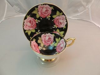 Aynsley Black Cabbage Roses Teacup Saucer Pink Gold Gilded Prettyvintage525