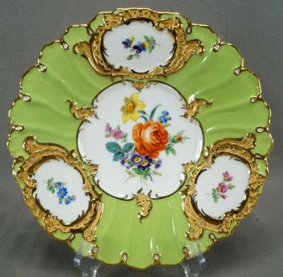 Meissen Hand Painted Floral Green & Gold Rococo Style Plate Circa 1924 - 1934 B