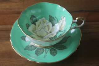 Rare Paragon Large White Cabbage Rose Green Teacup Tea Cup Saucer Double Warrant