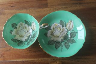 RARE Paragon large White cabbage Rose Green Teacup Tea cup Saucer double warrant 3