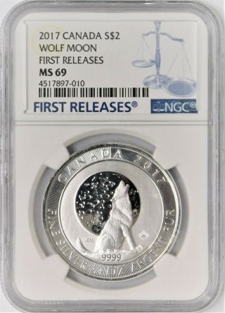 2017 Canada Silver 2 Dollar - Wolf Moon - Ngc Ms69 - First Releases
