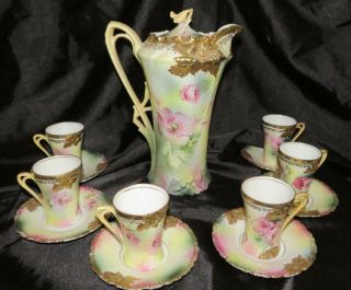 RS Prussia Chocolate Pot With Cups & Saucers Roses Carnation Pattern 2