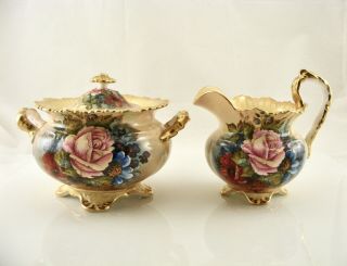 Very Rare Aynsley Cabbage Rose Creamer & Covered Sugar Bowl Signed J.  A.  Bailey