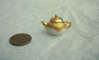 Artist Made Rachel Munday English R.  M.  Porcelain Gold White Teapot Dollhouse