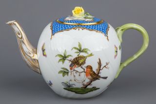 Herend Rothschild Bird Blue Fish Scale Teapot With Yellow Rose 1602/ro - Eb