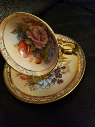 VINTAGE AYNSLEY CHINA TEACUP AND SAUCER ORCHARD GOLD SIGNED J.  A.  BAILEY 3
