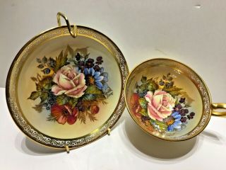 VINTAGE AYNSLEY CHINA TEACUP AND SAUCER ORCHARD GOLD SIGNED J.  A.  BAILEY 2