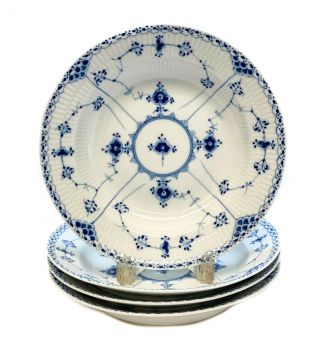4 Royal Copenhagen Porcelain Rimmed Soup Bowls Blue Fluted Half Lace Border 565