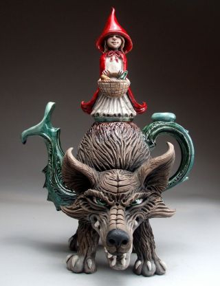 Red Riding Hood Teapot Pottery Folk Art Wolf By Face Jug Maker Mitchell Grafton