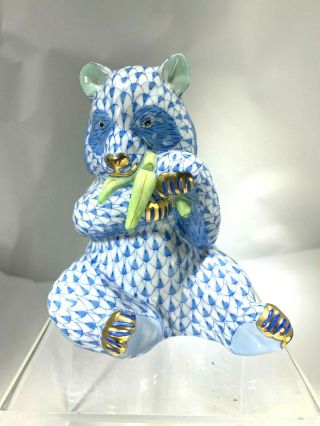 Herend Large Panda Figurine Blue Fishnet Hand Made & Painted 24k Gold Accents
