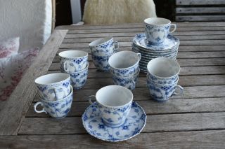Pp 12 Coffee Cups Saucer 1035 Blue Fluted Full Lace Royal Copenhagen