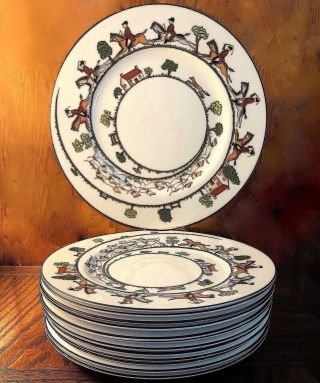 Crown Staffordshire Hunt Scene Dinner Plates - Set Of Thirteen